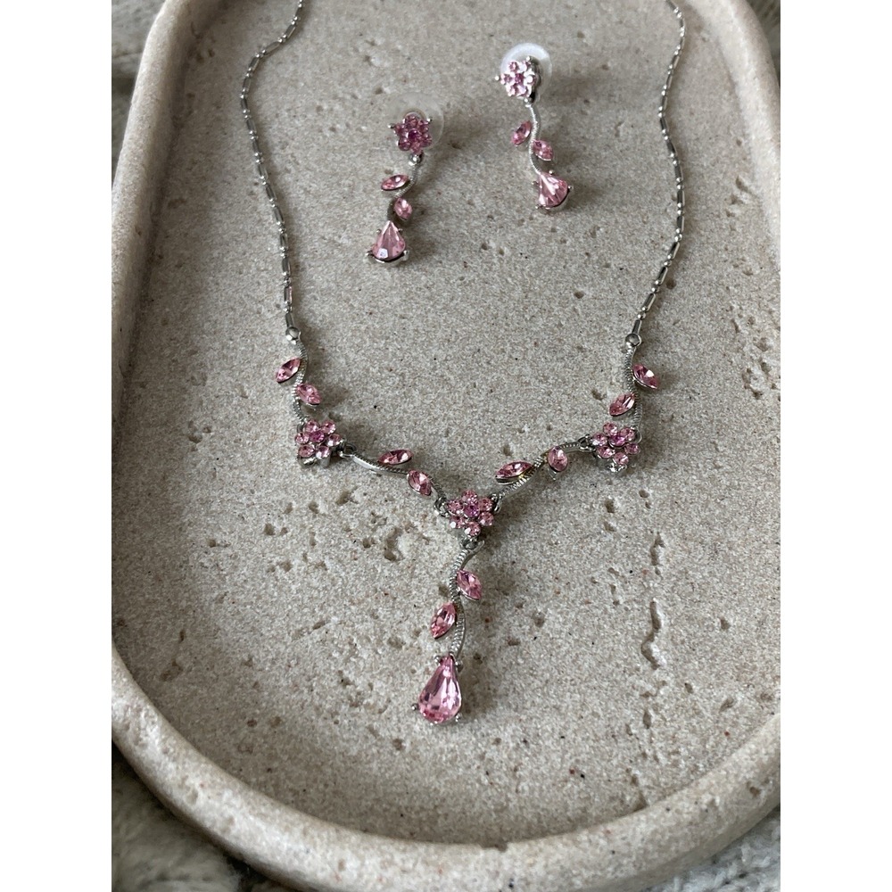 Pink Rhinestone Floral Necklace Earrings Set Silver Tone Y Drop Prom Bridal